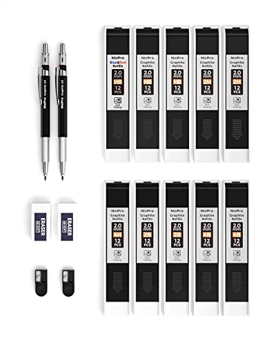 Nicpro 2mm Metal Mechanical Pencil Set with Case, 2PCS | Lead Pencil Holder 2.0 mm+120PCS Lead Refills (4H 2H HB 2B 4B Color), 2mm Pencils for Drafting Writing Drawing Sketching - size: 2 Pack