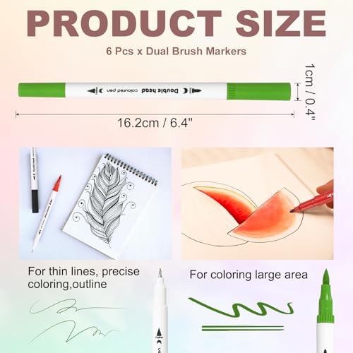 PATIKIL 6Pack Dual Brush Markers, Light Green Watercolor Fine and Brush Tips Pens Colored Marker Calligraphy Coloring Art Supplies Set for Coloring Book Illustration Sketching Journaling - color: Light Green