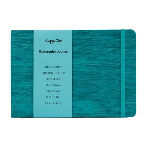 CuppaClip Leather Watercolor Journal, 300gsm/140lb 100% Cotton Cold Press Paper, 20 Sheets Acid-Free Travel Sketchbook–Professional Art Notebook for Painting, Drawing, Travel (Blue, 8.3x5.8in) - color: Blue, size: 8.3x5.8in
