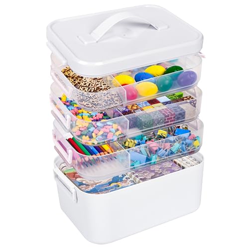 16 QT Art Supply Storage Organizer, 4-Tier with Removable Trays | Large white 4-tier craft case with adjustable dividers, removable trays and carry handle for markers, paints and beads. - color: 4 Layer-White