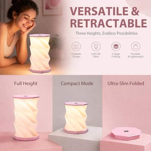 Portable Foldable Table Lamp, Japanese Gift, Paper Lantern Lights | Touch Control Dimmable Lamp with 3 Adjustable Heights, Rechargeable Warm Light, Travel Gifts for Women Men Couples (Pink) - color: Pink