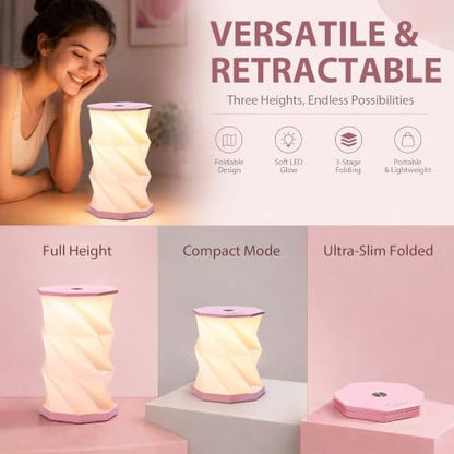 Portable Foldable Table Lamp, Japanese Gift, Paper Lantern Lights | Touch Control Dimmable Lamp with 3 Adjustable Heights, Rechargeable Warm Light, Travel Gifts for Women Men Couples (Pink) - color: Pink