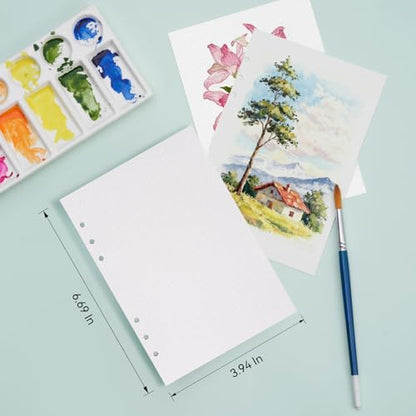 Lightwish Watercolor Paper Bulk Refillable, 100% Cotton Hot Press 300gsm/140lb, 2 Pack, Total 40 Sheets Hole-Punched Replaceable Paper for Artists, Adults, Students,6.69 * 3.94 Inches