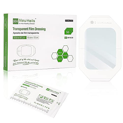 NeuHeils Waterproof Transparent Film Dressing, 4" x4 3/4", 50 Pack - size: 4" x 4 3/4"