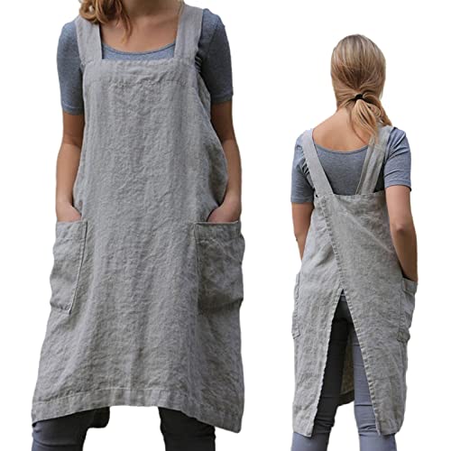 ZQFFB Pinafore Cross Back Apron for Women with Pockets | Japanese Style Kitchen Apron with Convenient Front Pockets, Smock for Cooking, Gardening, Pottery and Painting - color: Grey, size: XX-Large