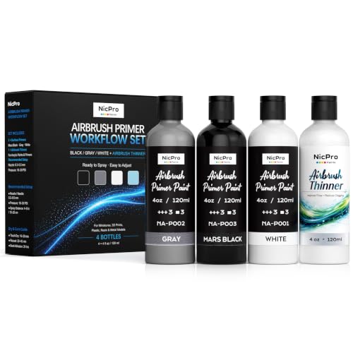 Nicpro Black Gray White Surface Primer Airbrush Paint with Airbrush Thinner | 4 x 4.05 oz/120 ml, Matte Ready to Spray Air Brush Acrylic Primer for Miniatures, 3D Prints, Plastic Resin Models, Figures - color: 3 Colors, size: 4.06 Fl Oz (Pack of 4)