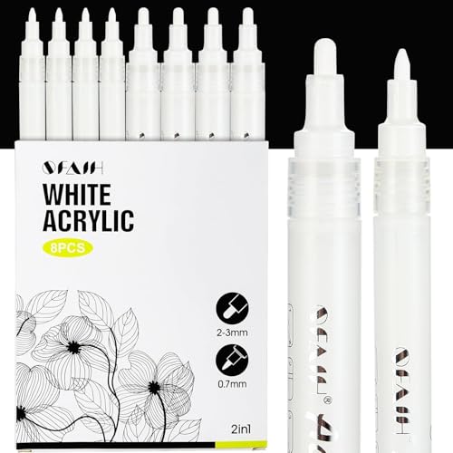 SFAIH Acrylic White Paint Pens - 8 Pack 2-3MM Medium Tip & 0.7MM Extra Fine Paint Marker for Rock Painting, Wood, Metal, Fabric, Plastic, Canvas, Glass, Ceramic, Diy Crafts, White Out Pen | High Coverage, Waterproof Permanent Marker,Rock Painting, Wood, F