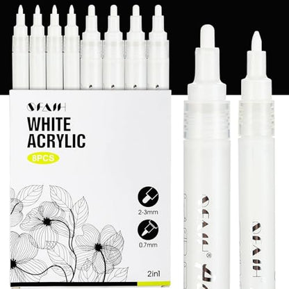 SFAIH Acrylic White Paint Pens - 8 Pack 2-3MM Medium Tip & 0.7MM Extra Fine Paint Marker for Rock Painting, Wood, Metal, Fabric, Plastic, Canvas, Glass, Ceramic, Diy Crafts, White Out Pen | High Coverage, Waterproof Permanent Marker,Rock Painting, Wood, F