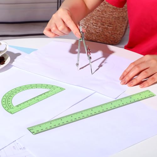 Zonon 3 Pcs 12" Clear Plastic Ruler 6 Inch Protractor Compass Set, Green - color: Green, size: 12 Inch