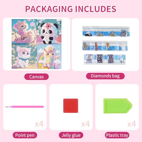 PERFECTSIGHT Cute 5D Diamond Art Kits, Kawaii DIY Painting Art for Adults Teen, 4 Pack Diamond Arts and Crafts Sets, Big Gem Full Drill Diamond Dots for Women (Panda+Kitty+Alpaca+Fox) - style: Panda+Kitty+Alpaca+Fox