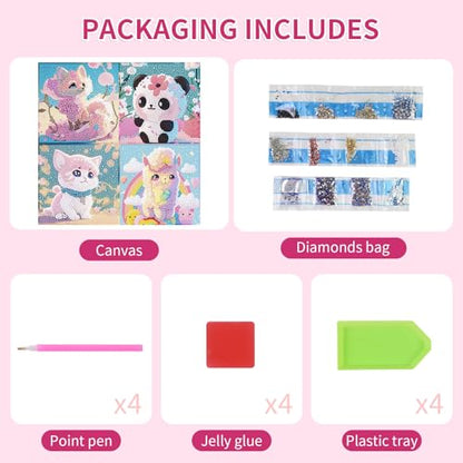 PERFECTSIGHT Cute 5D Diamond Art Kits, Kawaii DIY Painting Art for Adults Teen, 4 Pack Diamond Arts and Crafts Sets, Big Gem Full Drill Diamond Dots for Women (Panda+Kitty+Alpaca+Fox) - style: Panda+Kitty+Alpaca+Fox