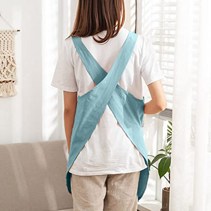 Cotton Cross Back Aprons Solid Color Cooking Kitchen Garden Smock for Women Girls with Pockets - color: Green