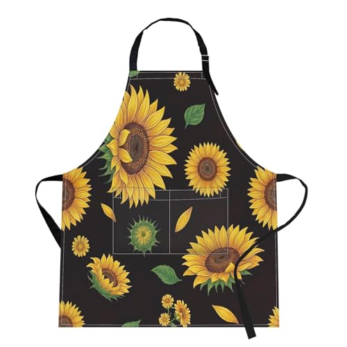 Apron with Pockets, 32x28 inch, for Women Men, Sunflowers | Floral Vintage Leaf Waterproof Adjustable Bib Aprons for Kitchen Cooking Baking Painting Gardening - color: Sunflowers Vintage