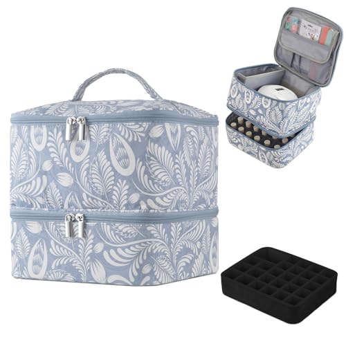 Buruis 2 Layer Nail Polish Bag, Nail Supplies Organizer, Light Blue Leaf | Dual Zippers, Adjustable Divider, Nail Dryer Storage, Fits 25 Bottles (15ML), Nail Tools Bag, Portable Manicure Case - color: Light Blue Leaf