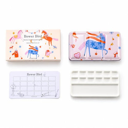 Bower Bird Travel Watercolor Palette, Portable Metal Tin with Ceramic Paint Palette, Empty Sketching Set, White, Antique Style (12well)