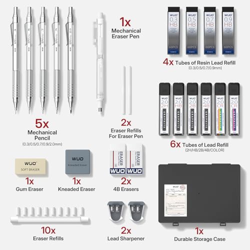 WUO Mechanical Pencil Set, 5 Pack Drafting Pencils 0.3/0.5/0.7/0.9/2.0mm | Mechanical drawing pencils, 312 lead refills, erasers/sharpeners for drafting, technical drawing, sketching, writing & art - color: Silver, size: 0.3/0.5/0.7/0.9/2.0