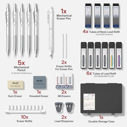 WUO Mechanical Pencil Set, 5 Pack Drafting Pencils 0.3/0.5/0.7/0.9/2.0mm | Mechanical drawing pencils, 312 lead refills, erasers/sharpeners for drafting, technical drawing, sketching, writing & art - color: Silver, size: 0.3/0.5/0.7/0.9/2.0