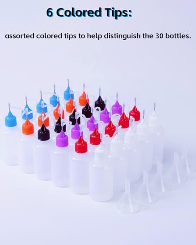 LJY 30 Precision Tip Bottles, 1 oz, 6 Colors, with 5 Funnels for Craft Glue