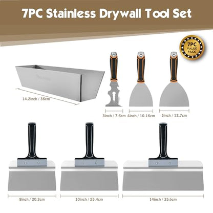 ROLLINGDOG 7PC Drywall Tool Set with 14-IN-1 Painter's Tool | 4/5 inch Putty Knife,8/10/14 inch Taping Knife Skimming and Smoothing Walls and Ceilings