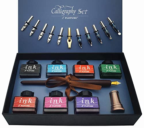 Calligraphy Pen Set – Includes Wooden Dip Pen, Antique Brass Holder, 11 Nibs, 7 Colors Ink Bottles and Beginner's Manual | Wooden dip pen for writing, 11 calligraphy pens nibs, 7 colored ink bottles, antique brass pen stand, beginners‘ manual - color: 7 c