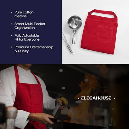 Unisex Apron with Pockets for Cooking, Salon & Art - 100% Cotton Adult Kitchen, Chef, Stylist Apron (Red) - color: Red