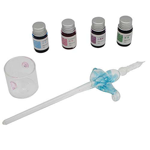 Crystal Glass Intarsia Dip Pen Fountain Pen Kit Vintage Calligraphy Signatures Pen with 4 Colors Ink, Pen Holder, Cleaning Cup, Light blue - color: light blue