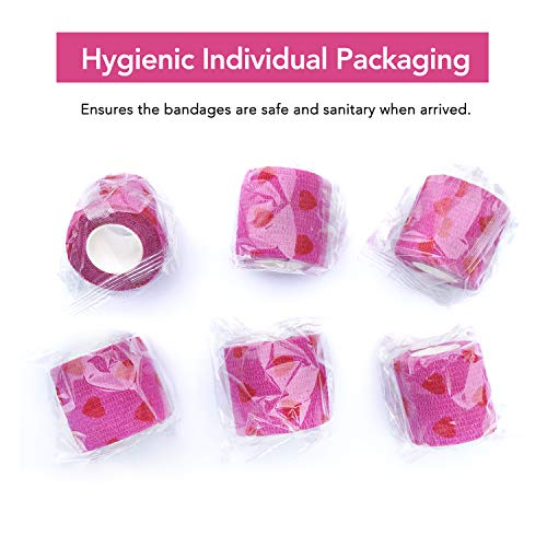 RISEN Cohesive Bandage 2” x 5 Yards, 6 Rolls, Self Adherent Wrap Medical Tape, Adhesive Flexible Breathable First Aid Gauze Ideal for Stretch Athletic - color: Rose Red Heart, size: 6 Count (Pack of 1)