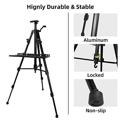 Artist Easel Stand Painting Stand Art Easel, 20" to 61" Art Easel for Painting Canvase & Displaying, Aluminum Adjustable Height Display Tripod with Portable Bag/Folding Keg/Apron.(Black)
