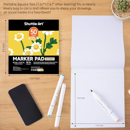 Shuttle Art Marker Pad, 8.3”x7.67” Portable Square Sketchbook, 50 Sheets Marker Drawing Paper, 98LB/160GSM Smooth Surface Bleedproof Art Paper, Glue-Bound, Great for Beginners to Draw, Paint & Sketch - size: 8.3x7.67 inch