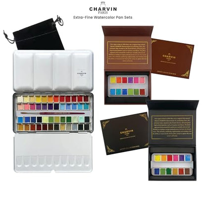Charvin Extra-Fine Watercolor Pan Set, Intense - Handmade Box Set of 12 Half-Pans - Professional Watercolor Paint Set, Made in France, Smooth Shellac-Like Finish, Glossy & Highly Transparent Pigment - color: Intense