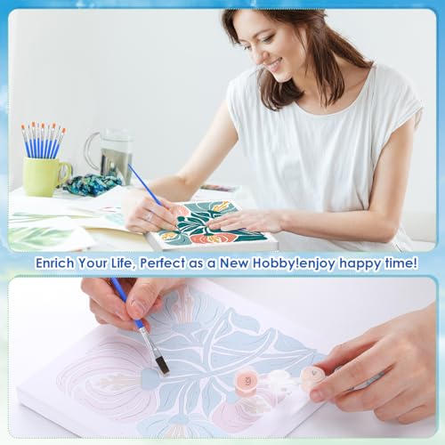 RoundFunny 8 Set Paint by Numbers Drawing Kit for Adults,Simple Blossom | 8x8 in. Mini Simple Painting Canvas Wooden Frame Easel Acrylic Paint Brush Funny Number Drawing Kit for Gift Wall Home Decor - style: Simple Blossom