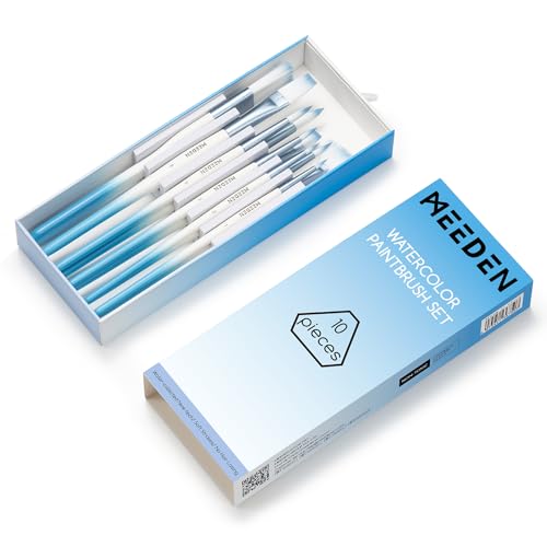 MEEDEN Watercolor Paint Brush Set: 10 Pcs Art Painting Water Color Brushes | Professional Artist Paint Brushes with Flat Round Detail Types for Adults Beginners Watercolor Gouache Acrylic Inks Painting