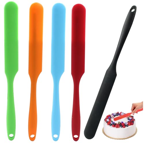 5Pcs Silica Gel Jar Scraper Spatulas, Green/Orange/Red/Blue/Black | 9.45 Inch, Cake Cream Butter Spatulas, Non-Stick Silicon Rubber, Long Handle - color: Green/Orange/Red/Blue/Black