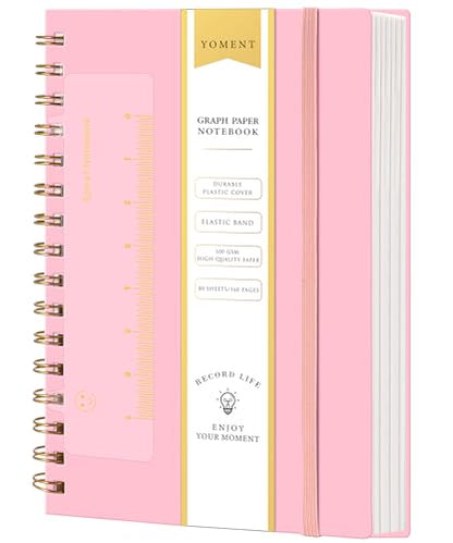Yoment Graph Paper Spiral Notebook A5 Graphing Notebook 160 Pages | Graph Paper Notebook Spiral Bound Waterproof Plastic Hardcover Spiral Journal 5x7 Grid Notebooks for Note Taking, Pink - color: Pink, style: A - Graph - A5