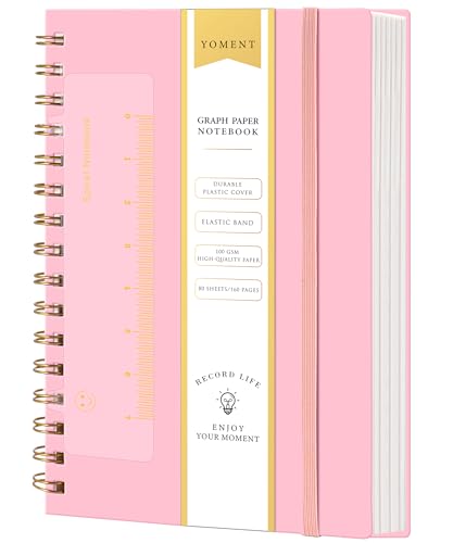 Yoment Graph Paper Spiral Notebook A5 Graphing Notebook 160 Pages | Graph Paper Notebook Spiral Bound Waterproof Plastic Hardcover Spiral Journal 5x7 Grid Notebooks for Note Taking, Pink - color: Pink, style: A - Graph - A5