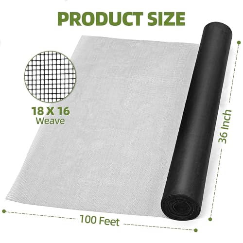 36 in × 100 ft Window Screen Mesh, Fiberglass Window Screen Replacement, Screen Mesh Roll for Window, Door, Patio, Porch (Black) - size: 36" x 100'