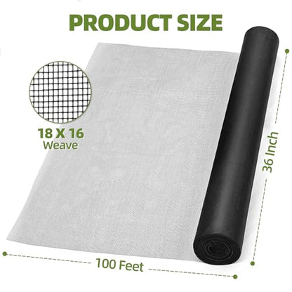 56 in × 100 ft Window Screen Mesh, Fiberglass Window Screen Replacement, Screen Mesh Roll for Window, Door, Patio, Porch (Black) - size: 56" x 100'