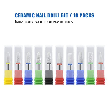 Ceramic Nail Drill Bit 10Pcs-3/32 Nail Drill Bits for Acrylic Nails,Professional Electric Nail Drill for Crystal Nail Extension Nail Removal,The Short Handle Does Not Shake. - size: Combo 05