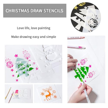 12 Pcs Christmas Stencils Reusable Painting Stencils, for Wall, Scrapbook, Xmas Greeting Card, DIY Project Drawing Aids