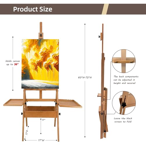 Large Beech Wood Painting Easel H-Frame, Drawer with 2 Palettes - color: Wooden Max