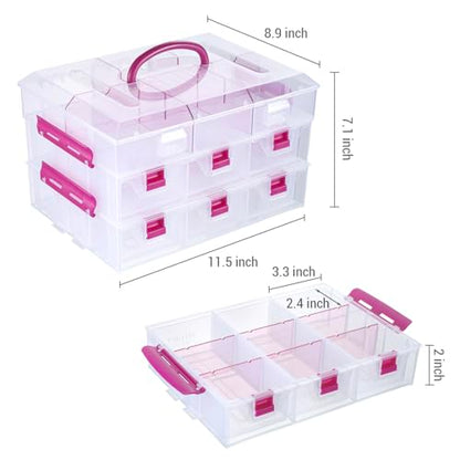 MyGift 11 Inch Clear Arts and Crafts Stackable Container, Sewing Supplies Storage Organizer Case with Pink Accents, 24 Customizable Compartments, and 6 Drawers with Removable Dividers - color: Pink