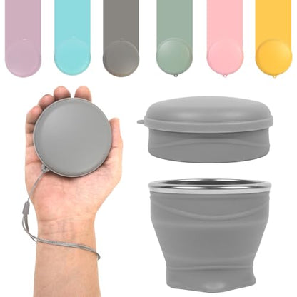 Collapsible Cup with Lid - 6oz Mini Silicone Folding Travel Cup with Steel Rim - BPA Free Small Portable Pocket Cup for Camping, Hiking, Kids, Mouthwash & Pills (Elegant gray) - color: Elegant Gray