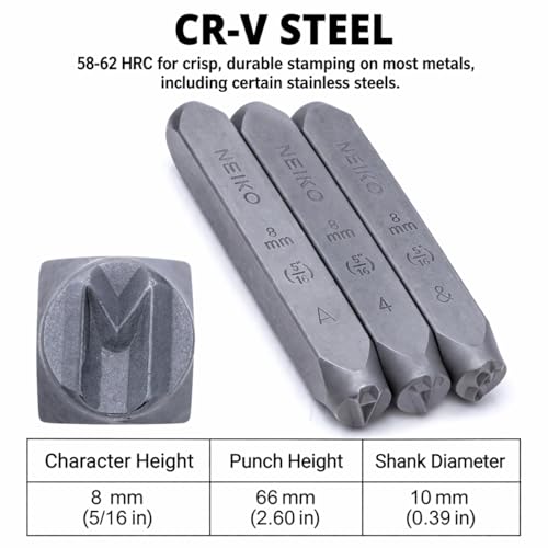 NEIKO 02625A Number and Letter Punch Set with Heat-Treated Steel Punches, Imprinting & Arts and Crafts, 5/16" (8MM) Shaft, 36 Pc Stamp Set, Uppercase Letter & Number Punch Set (A-Z / 0-8 / "&" Symbol) - size: 8mm - 5/16"