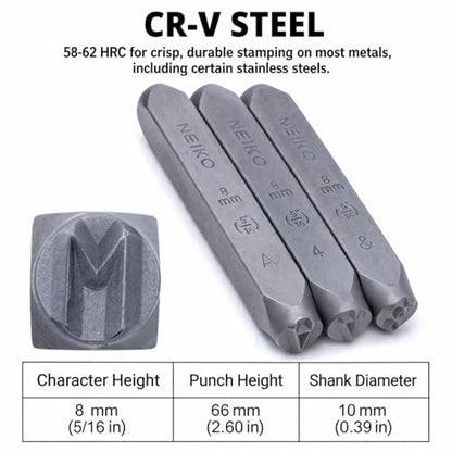NEIKO 02625A Number and Letter Punch Set with Heat-Treated Steel Punches, Imprinting & Arts and Crafts, 5/16" (8MM) Shaft, 36 Pc Stamp Set, Uppercase Letter & Number Punch Set (A-Z / 0-8 / "&" Symbol) - size: 8mm - 5/16"