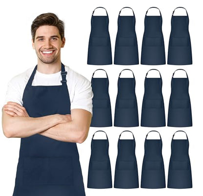 Adjustable Bib Apron 100% Polyester Kitchen Aprons Waterdrop Resistant Aprons with Adjustable Strap, Pockets & Long Ties - color: Navy Blue, style: Pack of 12