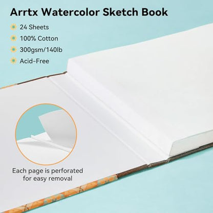 Arrtx Square Watercolor Sketchbook, 7.09" Cold Press | 140LB/300GSM, 100% Cotton, Hardcover, 24 Sheets. Ideal Travel Notebook for Artists, Adults, and Students - size: 7.09x7.09''