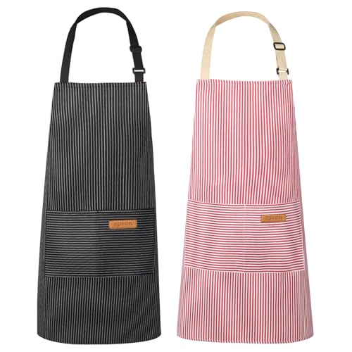 VALOME 2 Pack Kitchen Aprons with Pockets, Cooking Chef Apron for Men Women | Adjustable Neck Strap, Unisex Bib Soft Aprons, Cotton-Blend, for Grilling Cooking Gardening Baking - color: Pink & Black