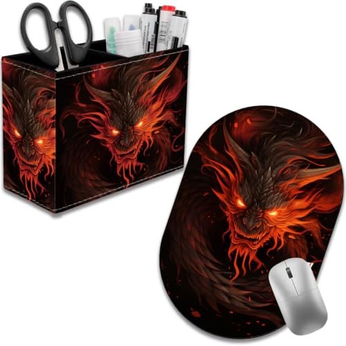 Pen Holder for Desk, PU Leather Multifunctional Desktop Storage Box and Anti-Slip Mouse Pad Set, Makeup Brush Holder Pen Organizer for Office and Home - Fire Dragon - color: Fire Dragon