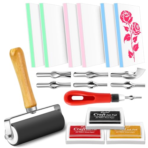 11 Pack Linoleum Block Stamp Making Kit, 6pcs 4"x2.4" Rubber Carving Blocks, 3 Ink Pads, Brayer Roller & 6 Type Blades Carving Tools for DIY Stamp Making for Beginners (Blue/Pink/Green, Peelable) - color: 6pack, size: 4"x2.4"