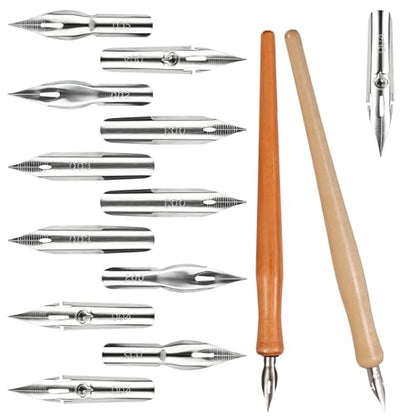 Comic Dip Pen Set, Includes 12 Stainless Steel Replacement Nibs & 2 Wooden Holders Dip Pen Nibs with 4 Styles for Drawing Writing Calligraphy Sketching Signing Painting - style: Style 2